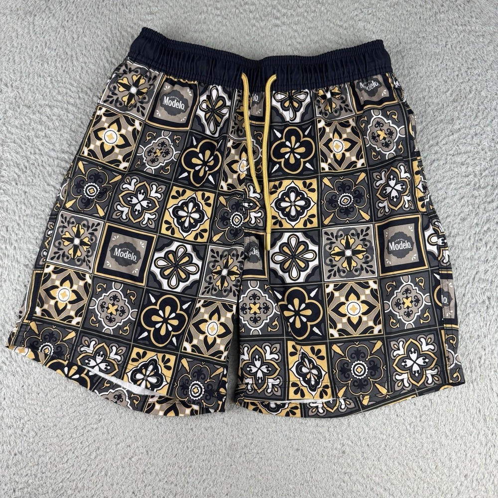 Modelo Beer Men's Black Gold Square Block Print Board Shorts Swim Trunks Small
